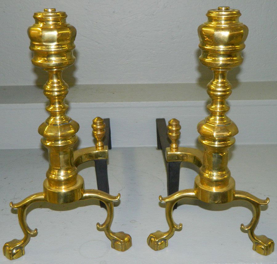 Pair of brass andirons.: Pair of brass andirons. 18 1/2" tall.