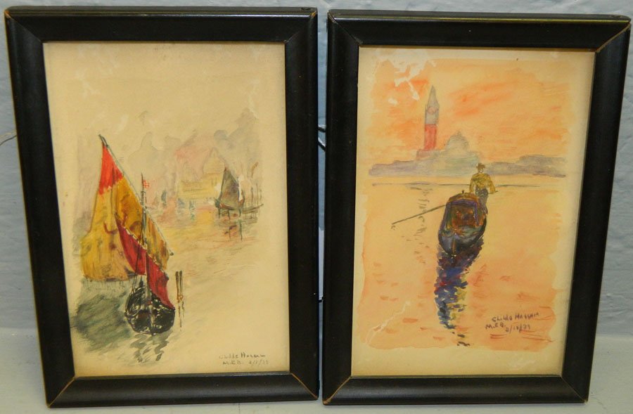 Miniature watercolors signed Childe Hassam.: Miniature watercolors signed Childe Hassam, initialed M.E.B. One is a sailboat and one is a small rowboat. Appear to be dated 1929.