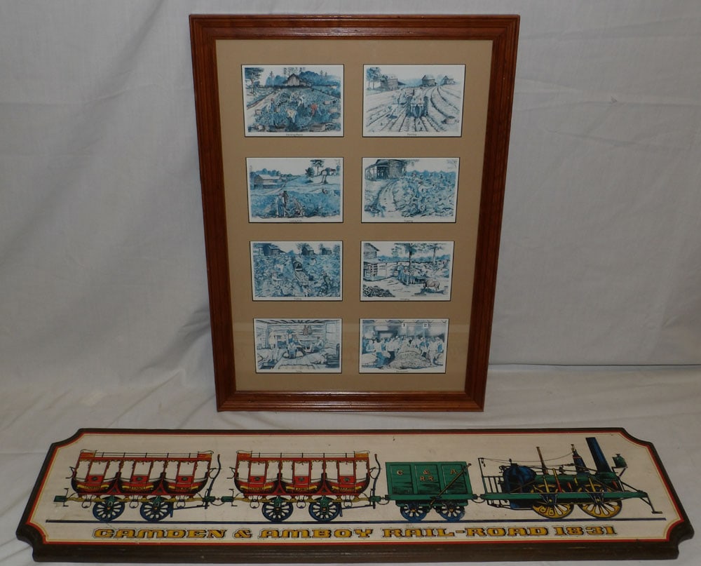 Framed Collage of Tobacco Farming Prints & Painted Train Sign (1 of 7)