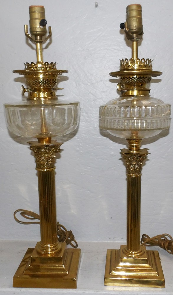 Two Antique Brass Corinthian Column Banquet Lamps, (One As Is) (1 of 4)