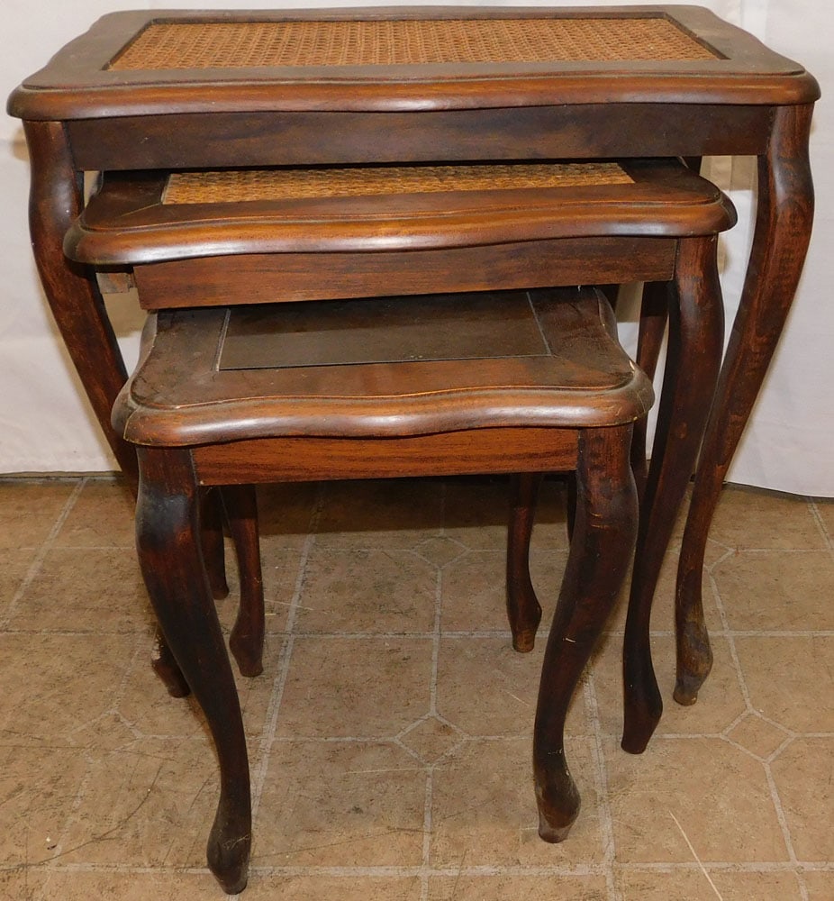 Three Mahogany & Rattan Nesting Tables: Three Mahogany & Rattan Nesting Tables . Up to 23" H 23" W 14" D "ALL DESCRIPTIONS AND ANY CONDITION STATEMENT GIVEN BY LANGSTON AUCTION GALLERY ARE STRICTLY?OPINIONS?AND LANGSTON'S SHALL HAVE NO RESP