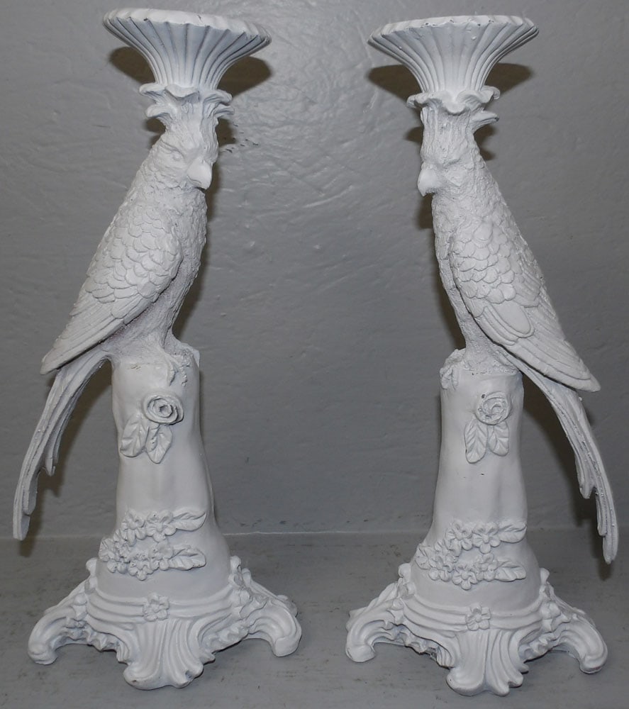 Pair of Painted Resin Cockatoo Candleholders: Pair of Painted Resin Cockatoo Candleholders. 16" H 7 1/2" W "ALL DESCRIPTIONS AND ANY CONDITION STATEMENT GIVEN BY LANGSTON AUCTION GALLERY ARE STRICTLY?OPINIONS?AND LANGSTON'S SHALL HAVE NO