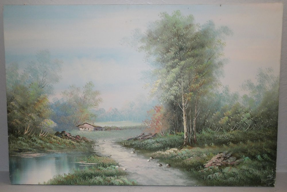 Unframed Oil on Canvas Lake Scene: Unframed Oil on Canvas Lake Scene. 24" x 36" "ALL DESCRIPTIONS AND ANY CONDITION STATEMENT GIVEN BY LANGSTON AUCTION GALLERY ARE STRICTLY?OPINIONS?AND LANGSTON'S SHALL HAVE NO RESPONSIBILITY FOR