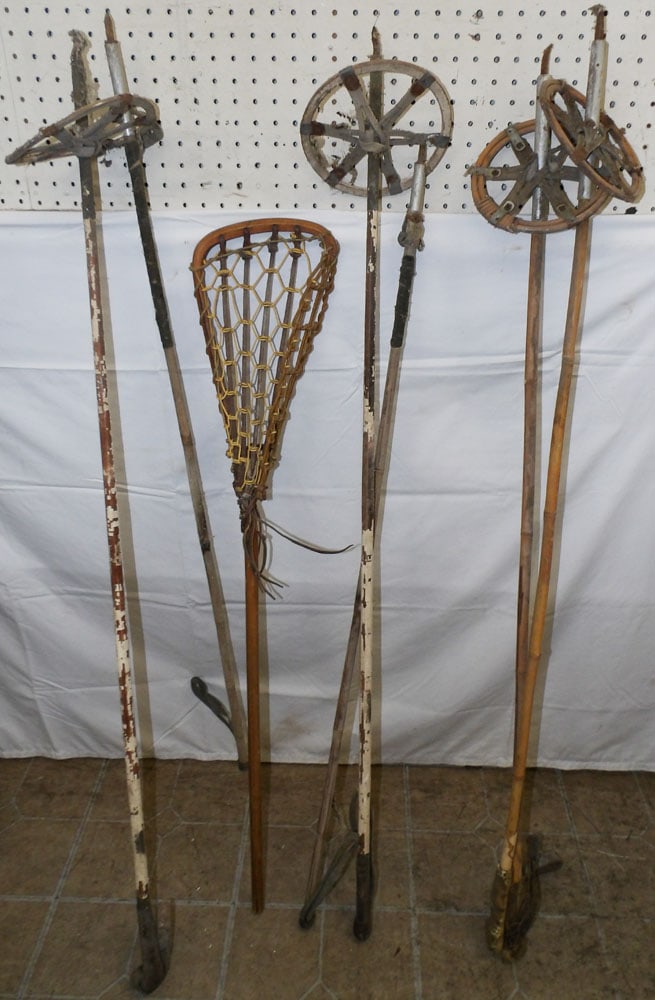 Lot of Three Pairs of Vintage Bamboo Ski Poles & Lacrosse Stick (1 of 5)
