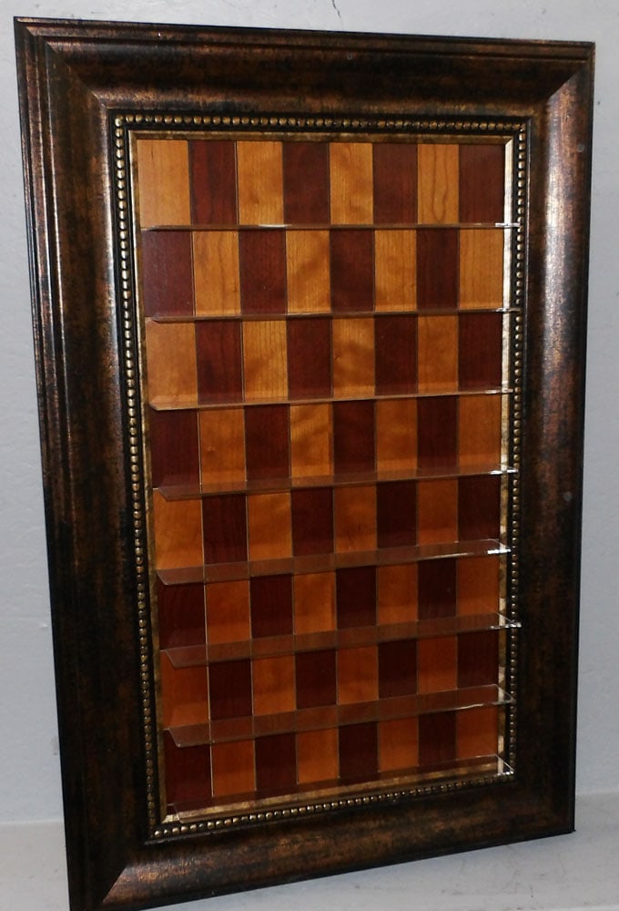 Framed Inlaid Wood & Acrylic Whatnot Shelf: Framed Inlaid Wood & Acrylic Whatnot Shelf. 36" x 24" "ALL DESCRIPTIONS AND ANY CONDITION STATEMENT GIVEN BY LANGSTON AUCTION GALLERY ARE STRICTLY?OPINIONS?AND LANGSTON'S SHALL HAVE NO