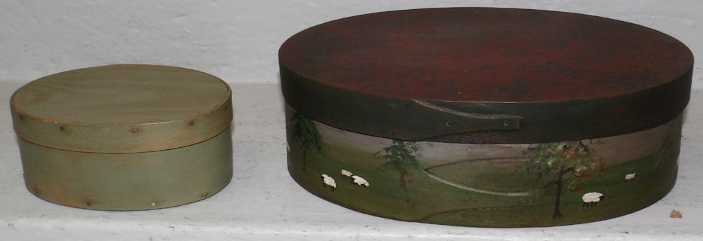 Two Painted Wood Oval Pantry Boxes, (One with Sheep Motif): Two Painted Wood Oval Pantry Boxes, (One with Sheep Motif). Up to 3" H 10" W 7" D "ALL DESCRIPTIONS AND ANY CONDITION STATEMENT GIVEN BY LANGSTON AUCTION GALLERY ARE STRICTLY?OPINIONS?AND LANGSTON'S S
