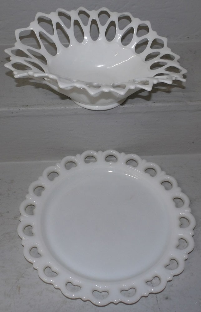 Milk Glass Open Work Bowl & Tray: Milk Glass Open Work Bowl & Tray. Up to 13" Dia. "ALL DESCRIPTIONS AND ANY CONDITION STATEMENT GIVEN BY LANGSTON AUCTION GALLERY ARE STRICTLY?OPINIONS?AND LANGSTON'S SHALL HAVE NO RESPONSIBILITY FOR