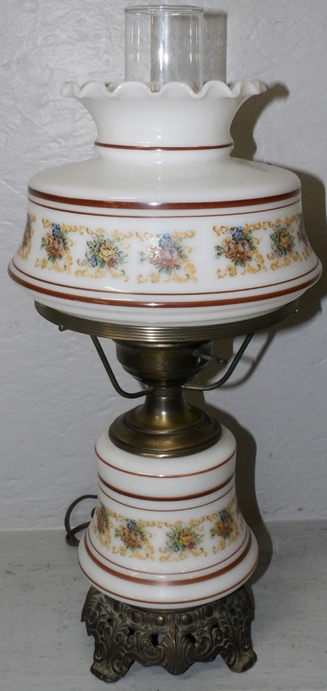 Painted Milk Glass Lamp: Painted Milk Glass Lamp . 18" H 8" Dia. "ALL DESCRIPTIONS AND ANY CONDITION STATEMENT GIVEN BY LANGSTON AUCTION GALLERY ARE STRICTLY?OPINIONS?AND LANGSTON'S SHALL HAVE NO RESPONSIBILITY FOR ERRORS