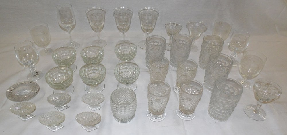 Lot of Etched Stemware, American Fostoria, & Master Salts: Lot of Etched Stemware, American Fostoria, & Master Salts. Up to 8" H 3" Dia. "ALL DESCRIPTIONS AND ANY CONDITION STATEMENT GIVEN BY LANGSTON AUCTION GALLERY ARE STRICTLY?OPINIONS?AND LANGSTON'S