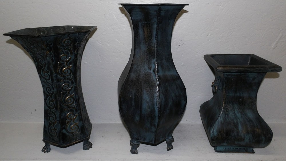 Three Painted Metal Vases: Three Painted Metal Vases . 19" H 8 1/2" Dia. "ALL DESCRIPTIONS AND ANY CONDITION STATEMENT GIVEN BY LANGSTON AUCTION GALLERY ARE STRICTLY?OPINIONS?AND LANGSTON'S SHALL HAVE NO RESPONSIBILITY FOR