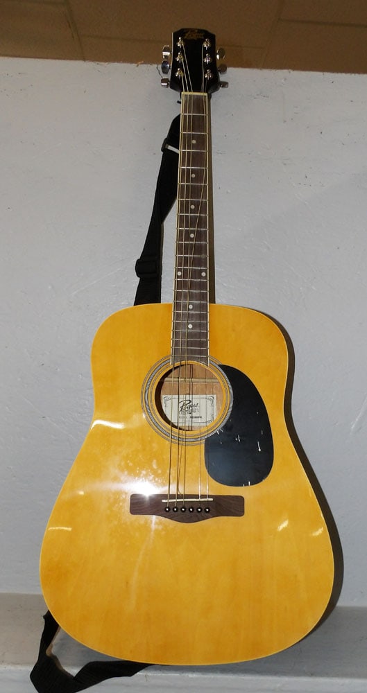 Rogue Guitar in Protective Case: Rogue Guitar in Protective Case. 42 1/2" L 17 1/2" W "ALL DESCRIPTIONS AND ANY CONDITION STATEMENT GIVEN BY LANGSTON AUCTION GALLERY ARE STRICTLY?OPINIONS?AND LANGSTON'S SHALL HAVE NO