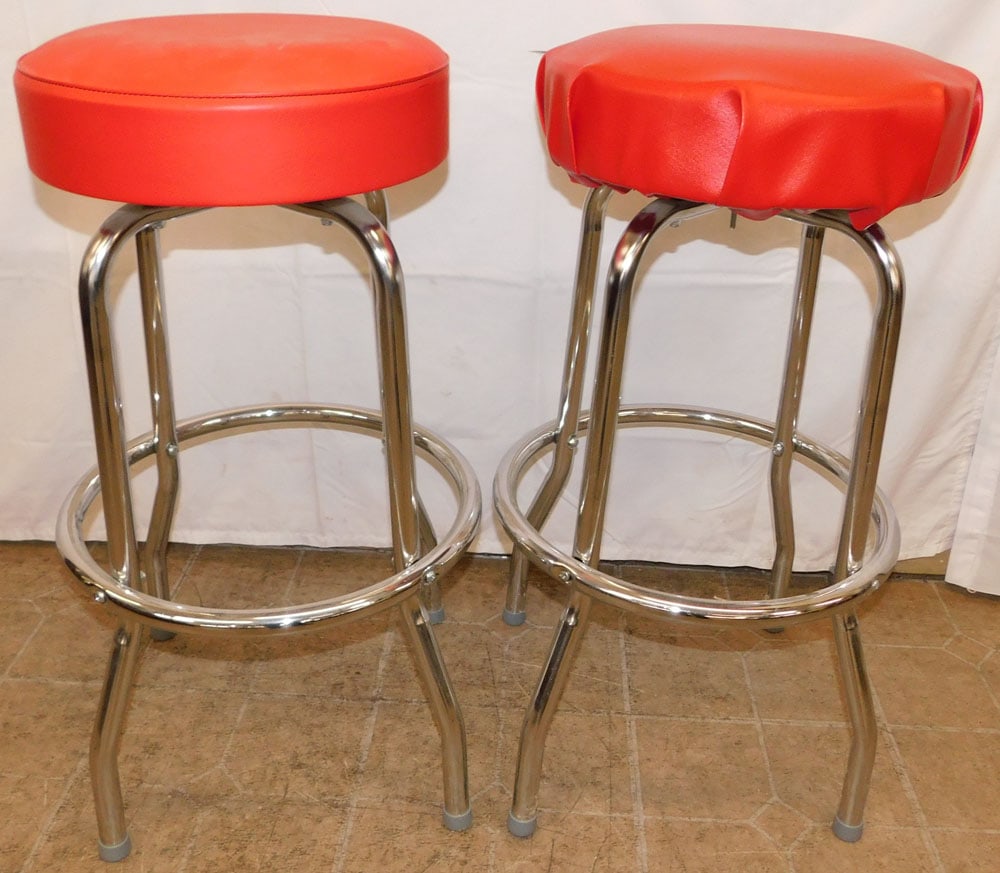 Two Mid Century Modern Chrome Bar Stools: Two Mid Century Modern Chrome Bar Stools. 29 1/2" H 18" Dia. "ALL DESCRIPTIONS AND ANY CONDITION STATEMENT GIVEN BY LANGSTON AUCTION GALLERY ARE STRICTLY?OPINIONS?AND LANGSTON'S SHALL HAVE NO RESPONSI
