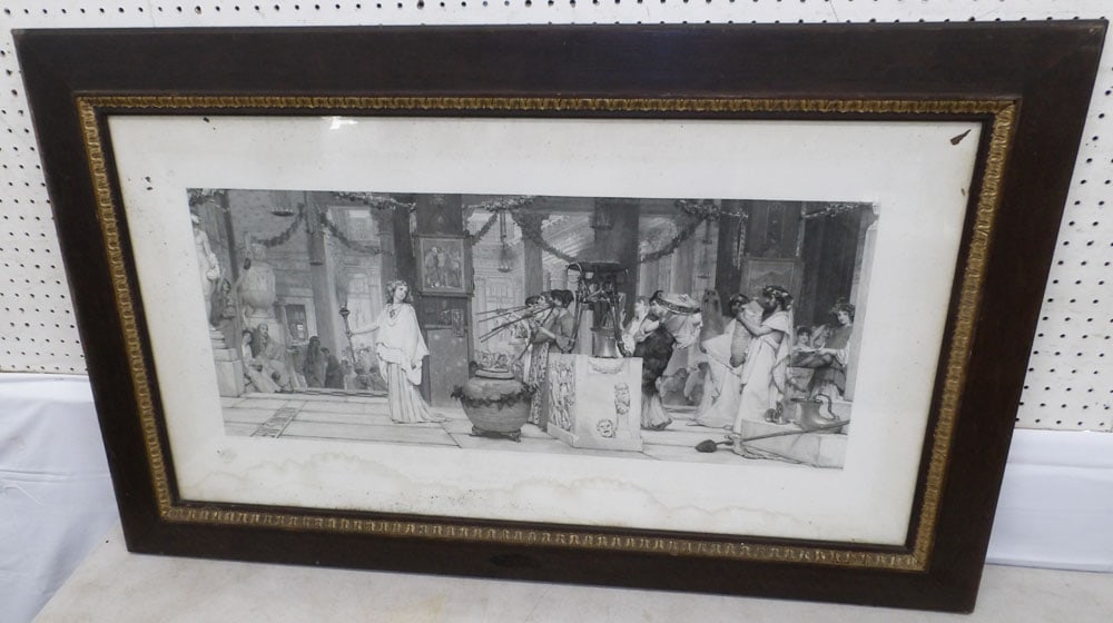 Large Framed Black & White Engraving in Antique Oak Frame, (As Found): Large Framed Black & White Engraving in Antique Oak Frame, (As Found). 31" x 49 1/2" "ALL DESCRIPTIONS AND ANY CONDITION STATEMENT GIVEN BY LANGSTON AUCTION GALLERY ARE STRICTLY?OPINIONS?AND LANGSTON'