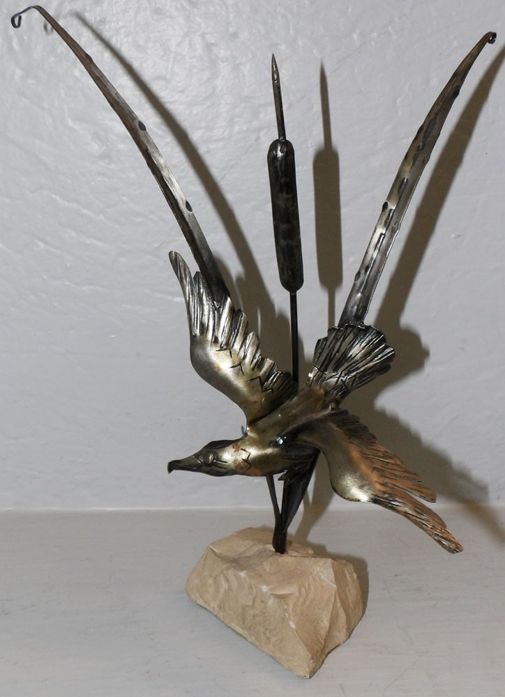 Metal Art Bird & Cat Tail Figure on Marble Base: Metal Art Bird & Cat Tail Figure on Marble Base . 12" H 8 3/4" W "ALL DESCRIPTIONS AND ANY CONDITION STATEMENT GIVEN BY LANGSTON AUCTION GALLERY ARE STRICTLY?OPINIONS?AND LANGSTON'S SHALL HAVE NO RESP