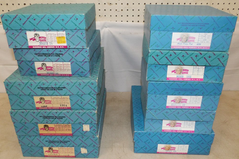 Lot of Ten Madame Alexander Dolls in Boxes: Lot of Ten Madame Alexander Dolls in Boxes. Up to 3 3/4" H 10 1/4" W 12 1/4" D "ALL DESCRIPTIONS AND ANY CONDITION STATEMENT GIVEN BY LANGSTON AUCTION GALLERY ARE STRICTLY?OPINIONS?AND LANGSTON'S