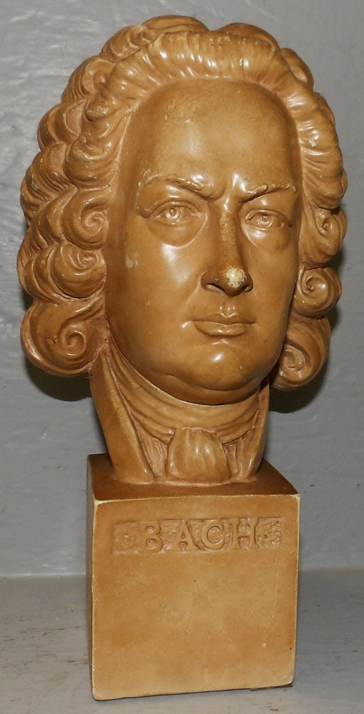 Painted Ceramic Bust of Bach: Painted Ceramic Bust of Bach . 11" H 6" Dia. "ALL DESCRIPTIONS AND ANY CONDITION STATEMENT GIVEN BY LANGSTON AUCTION GALLERY ARE STRICTLY?OPINIONS?AND LANGSTON'S SHALL HAVE NO RESPONSIBILITY FOR