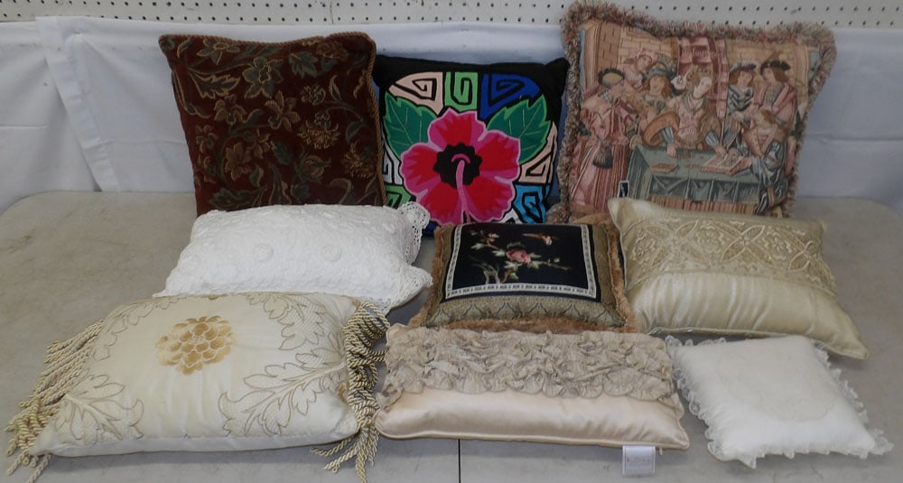 Lot of Decorative Pillows: Lot of Decorative Pillows. Up to 18" Dia. "ALL DESCRIPTIONS AND ANY CONDITION STATEMENT GIVEN BY LANGSTON AUCTION GALLERY ARE STRICTLY?OPINIONS?AND LANGSTON'S SHALL HAVE NO RESPONSIBILITY FOR ERRORS