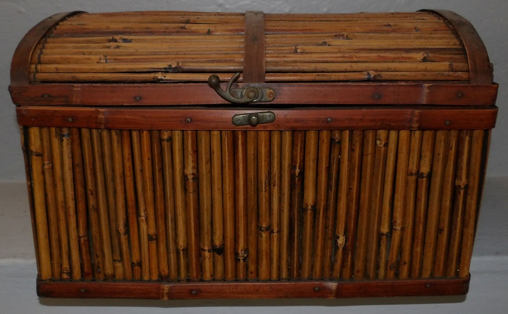 Bamboo Dome Top Box: Bamboo Dome Top Box. 10 1/2" H 17 1/2" Dia. "ALL DESCRIPTIONS AND ANY CONDITION STATEMENT GIVEN BY LANGSTON AUCTION GALLERY ARE STRICTLY?OPINIONS?AND LANGSTON'S SHALL HAVE NO RESPONSIBILITY FOR