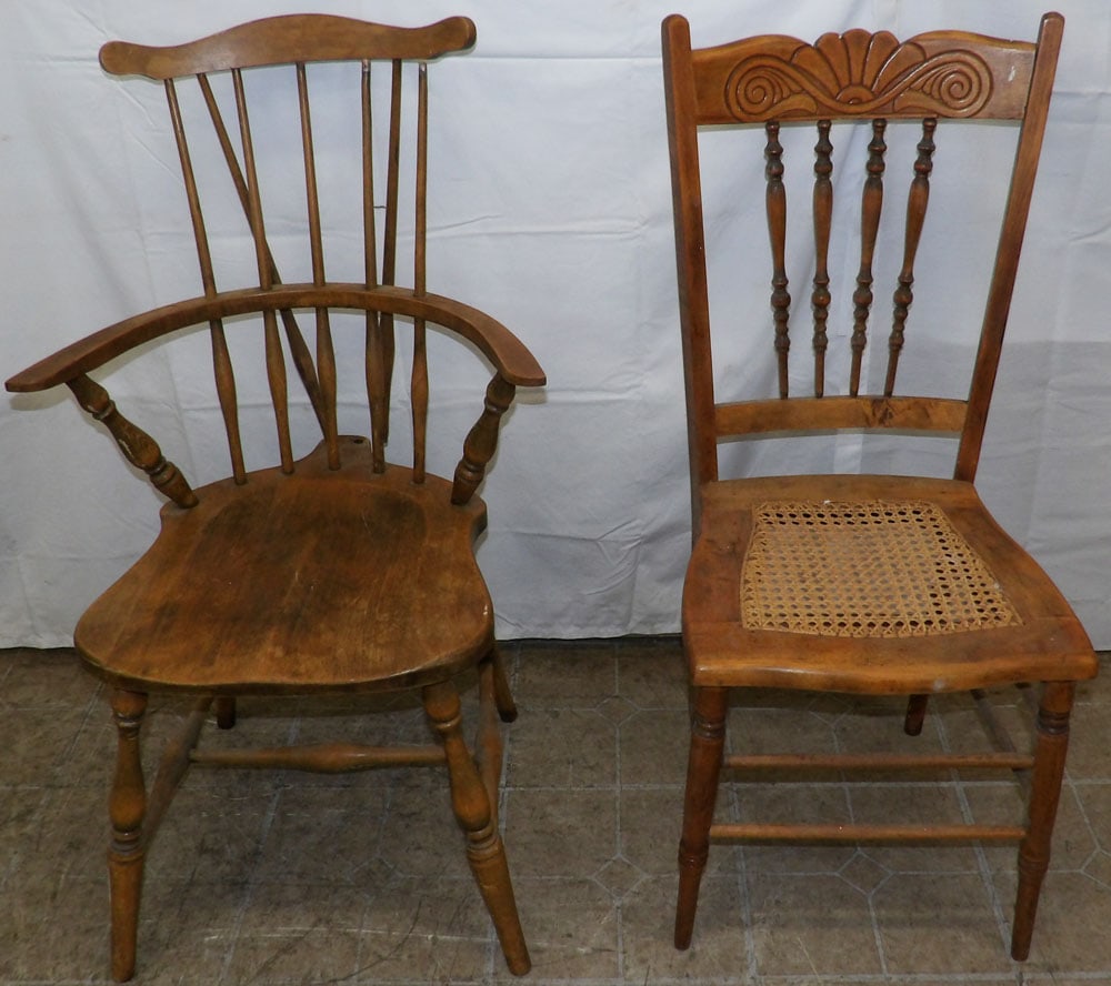 Maple Arm Chair & Cane Seat Side Chair: Maple Arm Chair & Cane Seat Side Chair . Up to 37" H 21 1/2" W 22" D "ALL DESCRIPTIONS AND ANY CONDITION STATEMENT GIVEN BY LANGSTON AUCTION GALLERY ARE STRICTLY?OPINIONS?AND LANGSTON'S SHALL HAVE