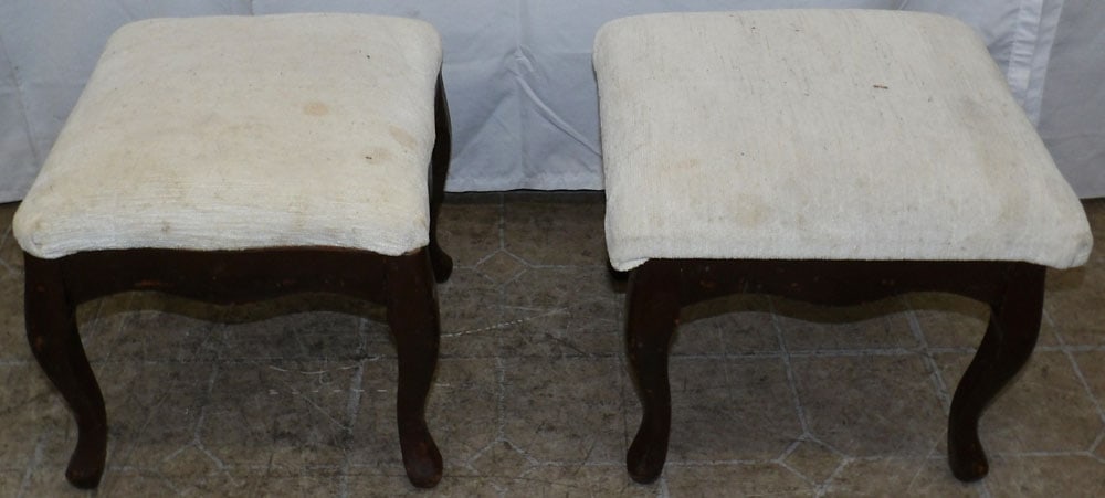 Pair of Cherry & Upholstered Top Stools: Pair of Cherry & Upholstered Top Stools . 13 1/4" H 15 1/2" W 14 1/2" D "ALL DESCRIPTIONS AND ANY CONDITION STATEMENT GIVEN BY LANGSTON AUCTION GALLERY ARE STRICTLY?OPINIONS?AND LANGSTON'S SHALL