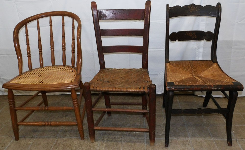 Three Antique Chairs: Three Antique Chairs . 33" H 17 1/2" W 18" D "ALL DESCRIPTIONS AND ANY CONDITION STATEMENT GIVEN BY LANGSTON AUCTION GALLERY ARE STRICTLY?OPINIONS?AND LANGSTON'S SHALL HAVE NO RESPONSIBILITY FOR