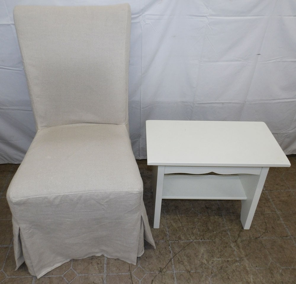 Upholstered Side Chair & Painted Bench: Upholstered Side Chair & Painted Bench . Up to 37 1/2" H 19 1/2" W 21" D "ALL DESCRIPTIONS AND ANY CONDITION STATEMENT GIVEN BY LANGSTON AUCTION GALLERY ARE STRICTLY?OPINIONS?AND LANGSTON'S SHALL