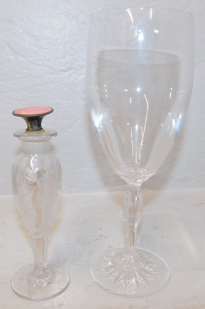 Waterford Goblet & Scent Bottle with Sterling Enamel Top: Waterford Goblet & Scent Bottle with Sterling Enamel Top. Up to 8 1/2" H 3" Dia. "ALL DESCRIPTIONS AND ANY CONDITION STATEMENT GIVEN BY LANGSTON AUCTION GALLERY ARE STRICTLY?OPINIONS?AND LANGSTON'S SH