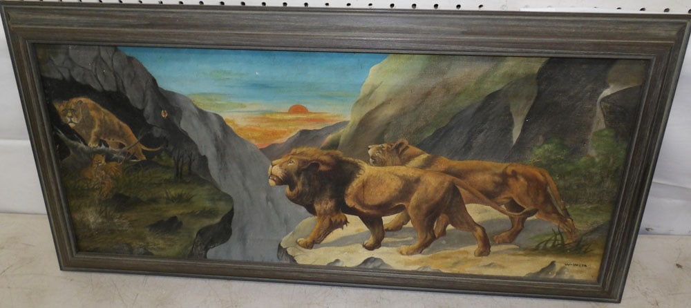 Framed Oil on Canvas Lions Artist Signed, (As Found): Framed Oil on Canvas Lions Artist Signed, (As Found). 15" x 31" ALL DESCRIPTIONS AND ANY CONDITION STATEMENT GIVEN BY LANGSTON AUCTION GALLERY ARE STRICTLY OPINIONS AND LANGSTON'S SHALL HAVE NO