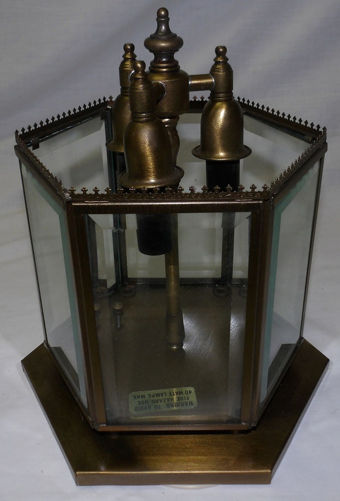 Brass & Glass Three Light Foyer Chandelier: Brass & Glass Three Light Foyer Chandelier. 10" H 9 1/4" Dia. ALL DESCRIPTIONS AND ANY CONDITION STATEMENT GIVEN BY LANGSTON AUCTION GALLERY ARE STRICTLY OPINIONS AND LANGSTON'S SHALL HAVE NO RESPONSI
