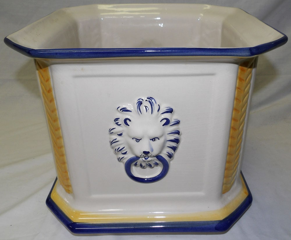 Painted Porcelain Jardiniere with Lions Head Handles, (As Is): Painted Porcelain Jardiniere with Lions Head Handles, (As Is). 12 1/2" H 14" Dia. ALL DESCRIPTIONS AND ANY CONDITION STATEMENT GIVEN BY LANGSTON AUCTION GALLERY ARE STRICTLY OPINIONS AND LANGSTON'S
