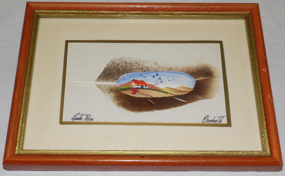 Framed Hand Painted Feather Artist Signed: Framed Hand Painted Feather Artist Signed . 7 3/4" x 5 1/2" ALL DESCRIPTIONS AND ANY CONDITION STATEMENT GIVEN BY LANGSTON AUCTION GALLERY ARE STRICTLY OPINIONS AND LANGSTON'S SHALL HAVE NO