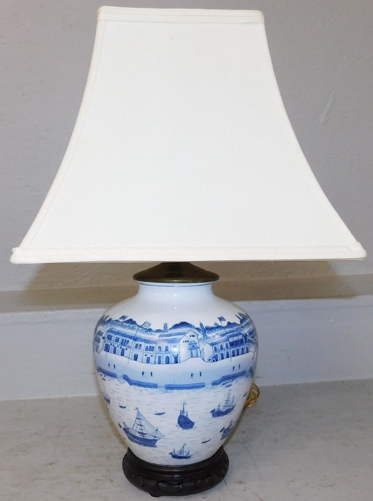 Blue & White Porcelain Vase Made Into Lamp with Nautical Motif: Blue & White Porcelain Vase Made Into Lamp with Nautical Motif. 20 1/2" H Shade 12 1/2" Dia. ALL DESCRIPTIONS AND ANY CONDITION STATEMENT GIVEN BY LANGSTON AUCTION GALLERY ARE STRICTLY OPINIONS AND LA
