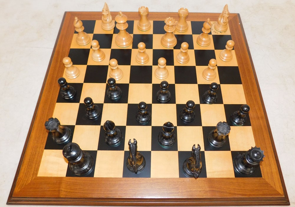 Walnut Inlaid Game Board with Chess Pieces Labeled "The House of Staunton" (1 of 4)