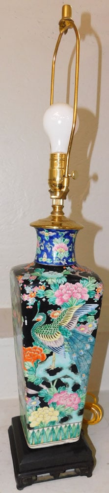Oriental Porcelain Vase Made Into Lamp with Peacock Motif: Oriental Porcelain Vase Made Into Lamp with Peacock Motif . 30 1/2" H 5 1/2" Dia. ALL DESCRIPTIONS AND ANY CONDITION STATEMENT GIVEN BY LANGSTON AUCTION GALLERY ARE STRICTLY OPINIONS AND LANGSTON'S SH