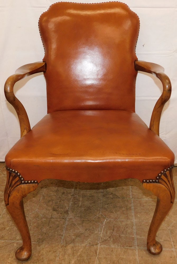 Walnut & Leather Upholstered Queen Anne Style Arm Chair (1 of 4)