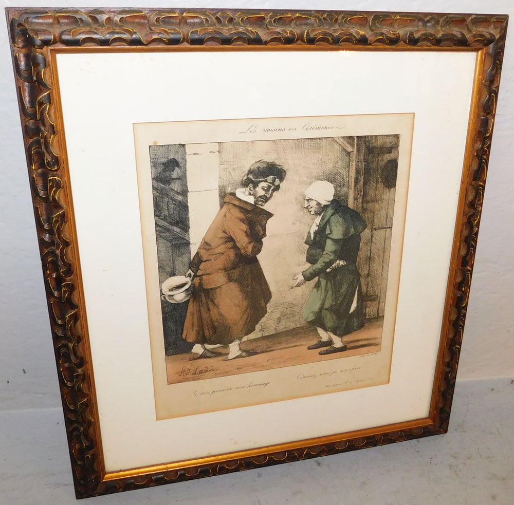 French Hand Colored Engraving in Carved Wood Frame: French Hand Colored Engraving in Carved Wood Frame . 16 1/2" x 15" ALL DESCRIPTIONS AND ANY CONDITION STATEMENT GIVEN BY LANGSTON AUCTION GALLERY ARE STRICTLY OPINIONS AND LANGSTON'S SHALL HAVE NO RES