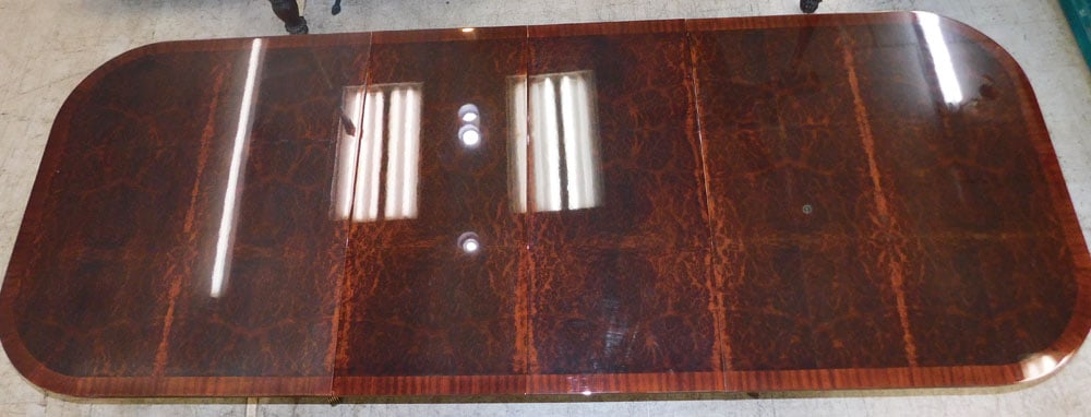 Burl Walnut & Mahogany Banded Top Two Pedestal Dining Table with Two Leaves (1 of 8)