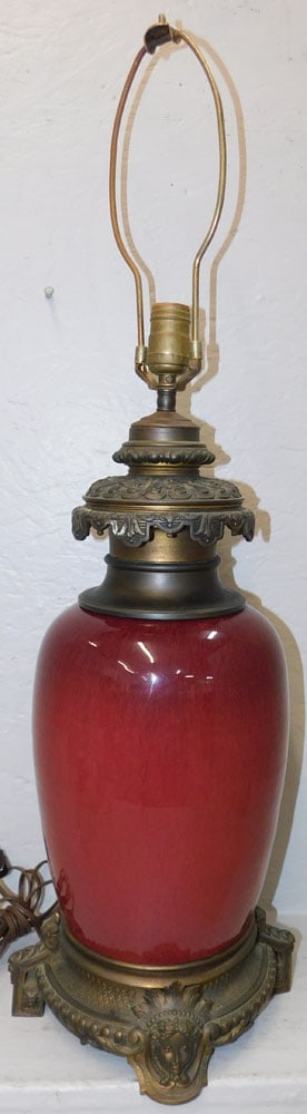 Ox Blood Porcelain & Gilded Metal Vase Made Into Lamp (1 of 3)