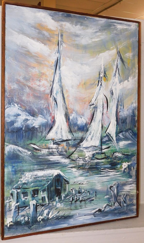 Framed Oil on Canvas Nautical Abstract Artist Signed: Framed Oil on Canvas Nautical Abstract Artist Signed . 36 3/4" x 25" ALL DESCRIPTIONS AND ANY CONDITION STATEMENT GIVEN BY LANGSTON AUCTION GALLERY ARE STRICTLY OPINIONS AND LANGSTON'S SHALL HAVE NO R