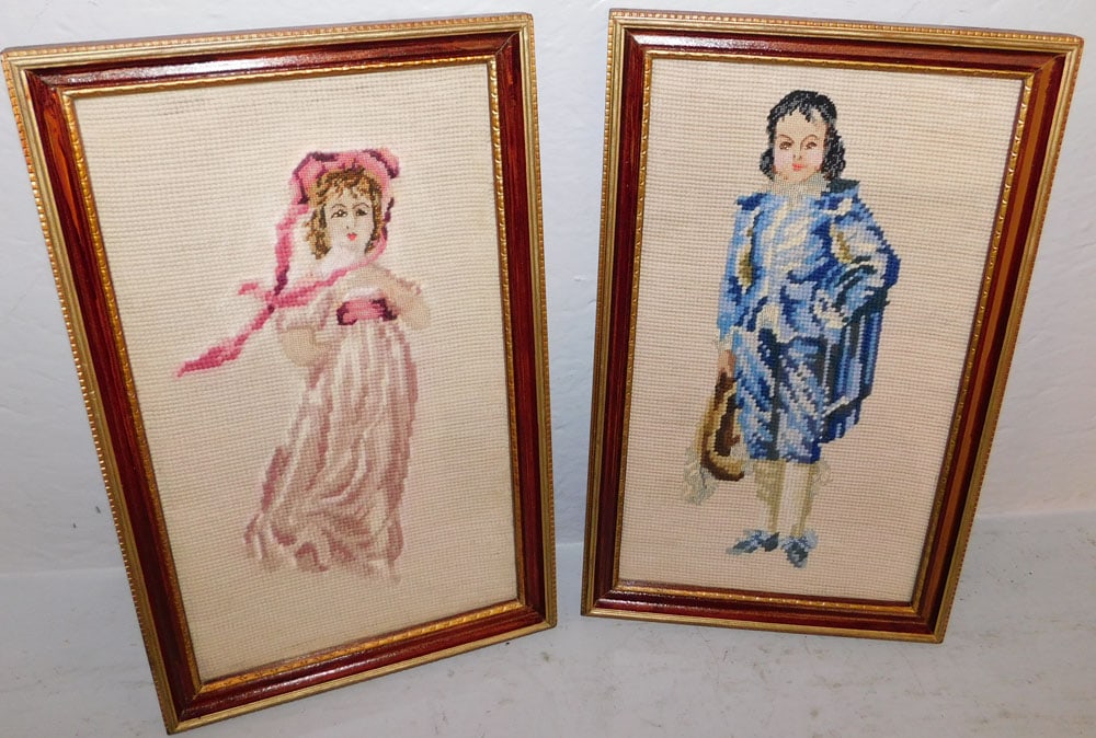 Two Framed Needleworks of Blue Boy & Pinky: Two Framed Needleworks of Blue Boy & Pinky. 15 1/2" x 9 1/2" ALL DESCRIPTIONS AND ANY CONDITION STATEMENT GIVEN BY LANGSTON AUCTION GALLERY ARE STRICTLY OPINIONS AND LANGSTON'S SHALL HAVE NO RESPONSIB