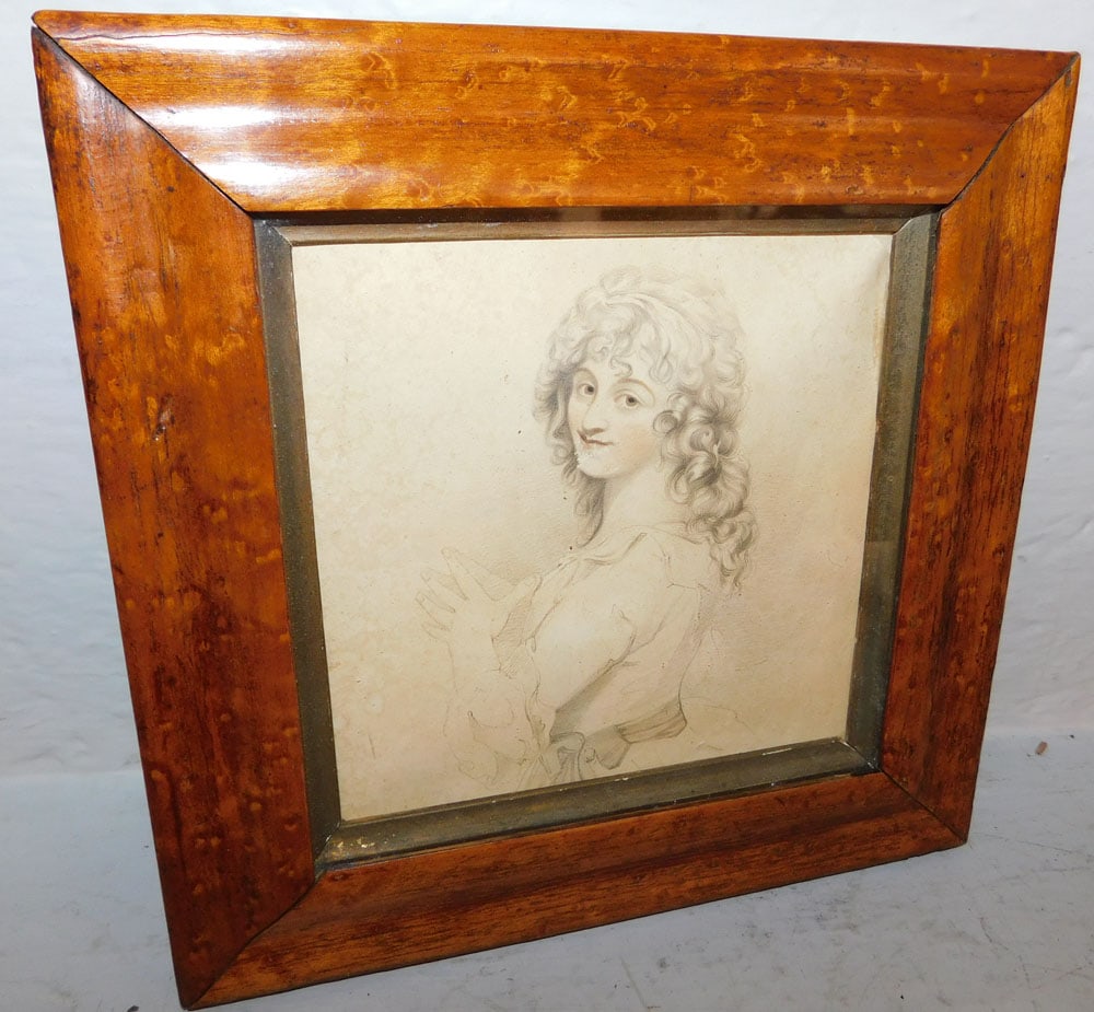 Antique Birds Eye Maple Framed Pencil Portrait of Woman: Antique Birds Eye Maple Framed Pencil Portrait of Woman . 9" x 9" ALL DESCRIPTIONS AND ANY CONDITION STATEMENT GIVEN BY LANGSTON AUCTION GALLERY ARE STRICTLY OPINIONS AND LANGSTON'S SHALL HAVE NO RESP