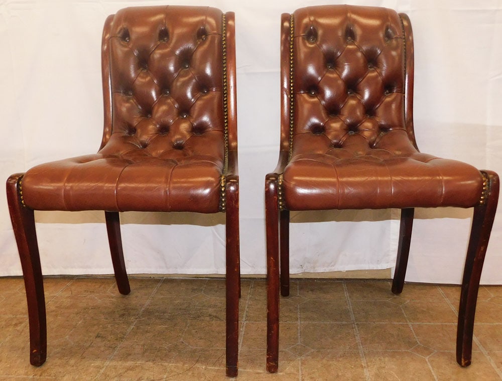 Pair of Leather & Mahogany Button & Tufted Upholstered Side Chairs (1 of 5)