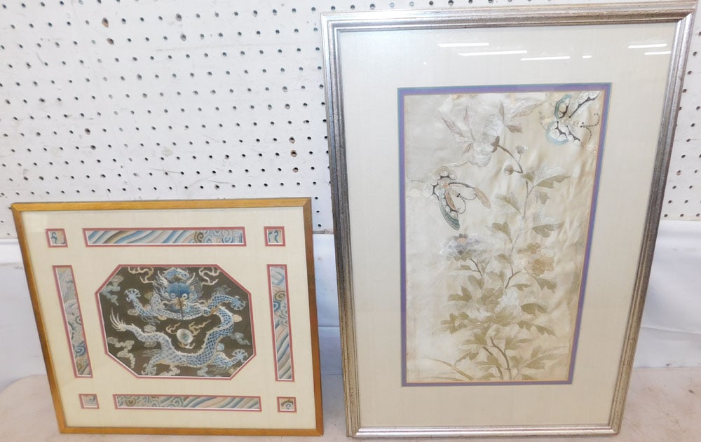 Two Framed Chinese Silk Embroideries: Two Framed Chinese Silk Embroideries . 17 1/4" x 19 1/4" ALL DESCRIPTIONS AND ANY CONDITION STATEMENT GIVEN BY LANGSTON AUCTION GALLERY ARE STRICTLY OPINIONS AND LANGSTON'S SHALL HAVE NO