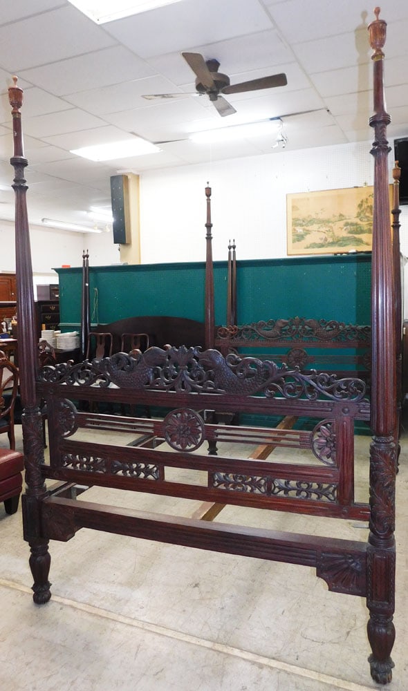 Antique Carved Rosewood Dolphin Motif Four Post Queen Size Bed with Rails (1 of 14)