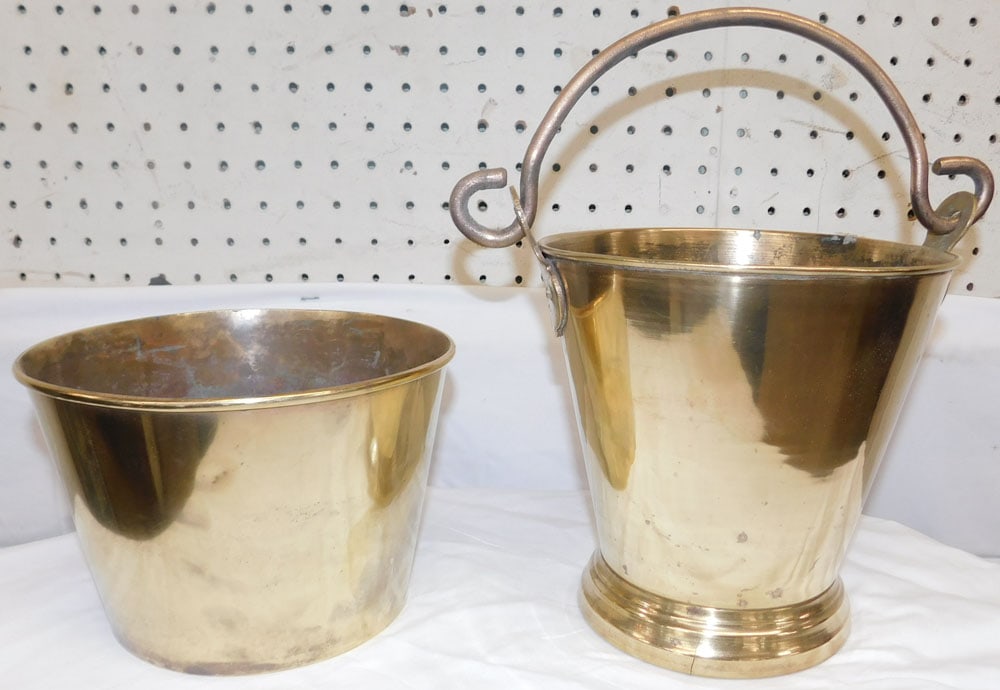 Small Brass Bucket & Jardiniere: Small Brass Bucket & Jardiniere . Up to 8 1/2" x 10 1/4" W ALL DESCRIPTIONS AND ANY CONDITION STATEMENT GIVEN BY LANGSTON AUCTION GALLERY ARE STRICTLY OPINIONS AND LANGSTON'S SHALL HAVE NO