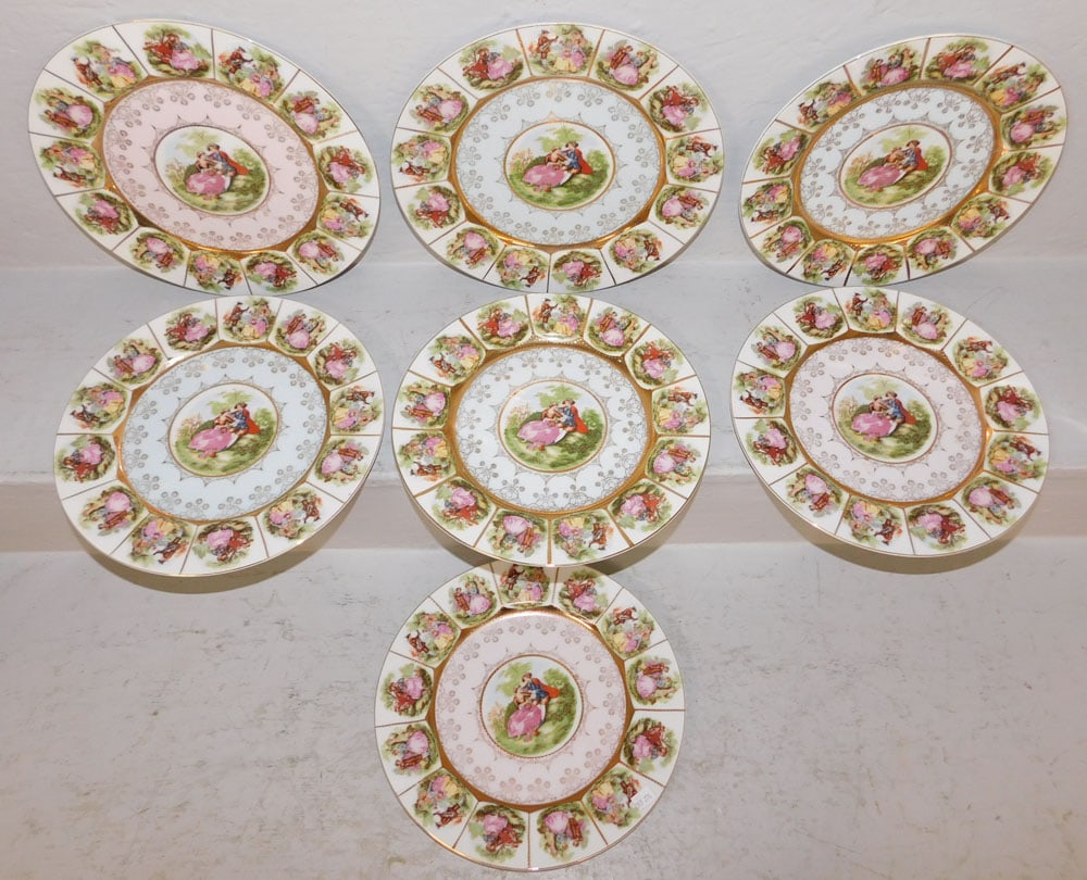 Set of Seven Hand Painted German Courting Scene Porcelain Plates: Set of Seven Hand Painted German Courting Scene Porcelain Plates . 10 1/2" Dia. ALL DESCRIPTIONS AND ANY CONDITION STATEMENT GIVEN BY LANGSTON AUCTION GALLERY ARE STRICTLY OPINIONS AND LANGSTON'S SHAL