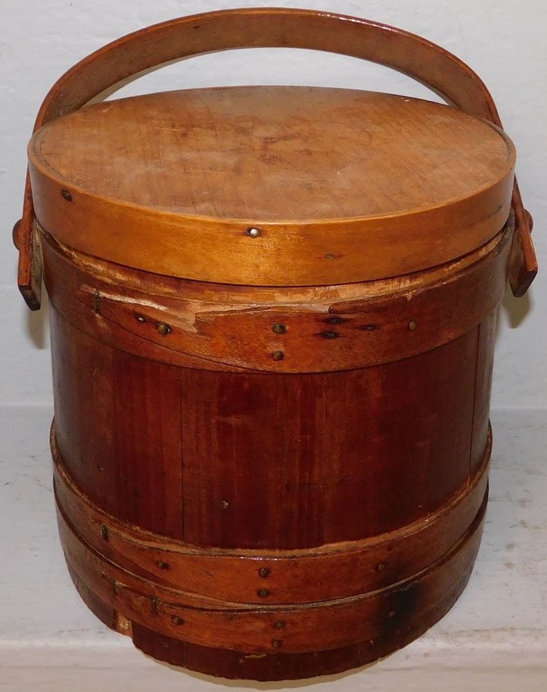 Antique Pine Sugar Bucket: Antique Pine Sugar Bucket. 9 3/4" H 11" Dia. ALL DESCRIPTIONS AND ANY CONDITION STATEMENT GIVEN BY LANGSTON AUCTION GALLERY ARE STRICTLY OPINIONS AND LANGSTON'S SHALL HAVE NO RESPONSIBILITY FOR
