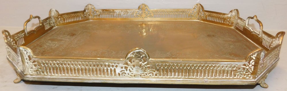 Brass Gallery Tray by Mottahedeh: Brass Gallery Tray by Mottahedeh. 4 1/4" H 24" W 18" D ALL DESCRIPTIONS AND ANY CONDITION STATEMENT GIVEN BY LANGSTON AUCTION GALLERY ARE STRICTLY OPINIONS AND LANGSTON'S SHALL HAVE NO RESPONSIBILITY