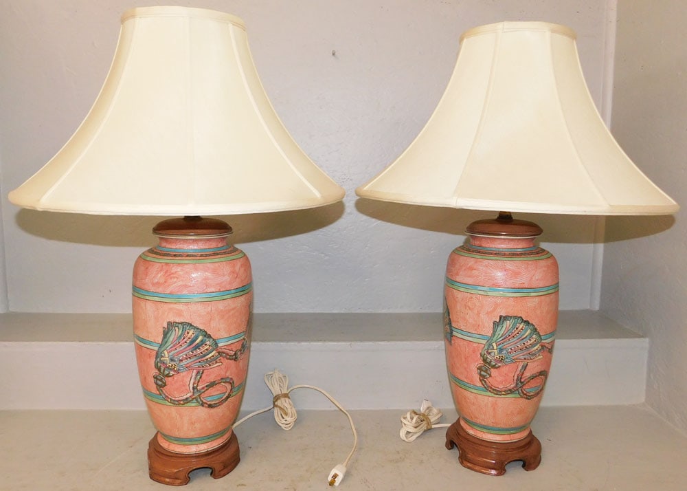 Pair of Painted Porcelain Vases Made Into Lamps with Tassel Motif: Pair of Painted Porcelain Vases Made Into Lamps with Tassel Motif . 30" H 20" Dia. ALL DESCRIPTIONS AND ANY CONDITION STATEMENT GIVEN BY LANGSTON AUCTION GALLERY ARE STRICTLY OPINIONS AND LANGSTON'S