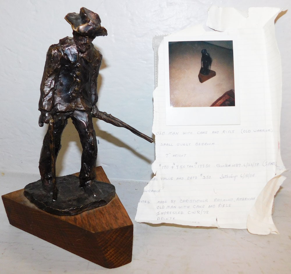 Bronze Statue of Old Man with Cane & Rifle by Christopher Raymond: Bronze Statue of Old Man with Cane & Rifle by Christopher Raymond. 8 1/2" H 4 3/4" W 5 1/4" D ALL DESCRIPTIONS AND ANY CONDITION STATEMENT GIVEN BY LANGSTON AUCTION GALLERY ARE STRICTLY OPINIONS AND L